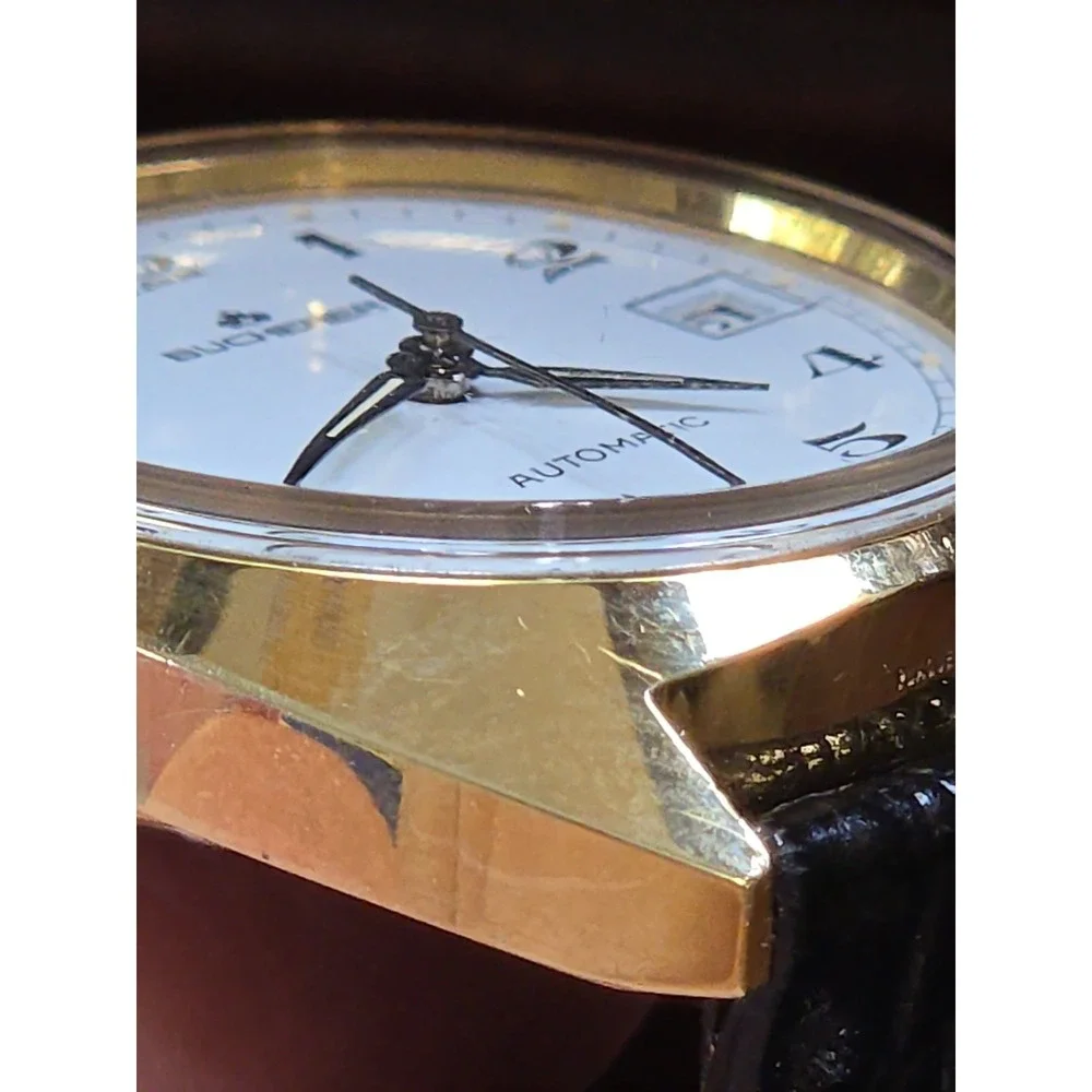 Bucherer Mens Watch. Plaque Ten Micron Gold, Automatic,Date,Leather Band.